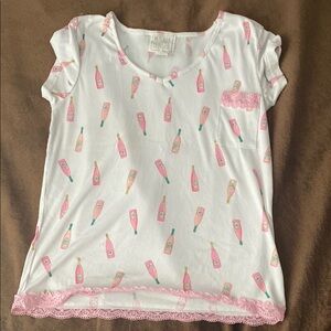 White and Pink Graphic Tee with Lace Trim